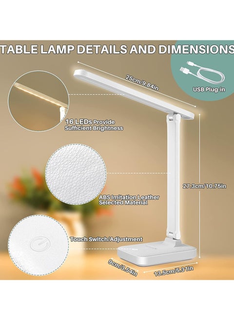 Portable LED Desk Lamp with USB Charging Port Foldable Eye Care with 3 Dimming Modes Multi-Functional Touch Control for Home Office White