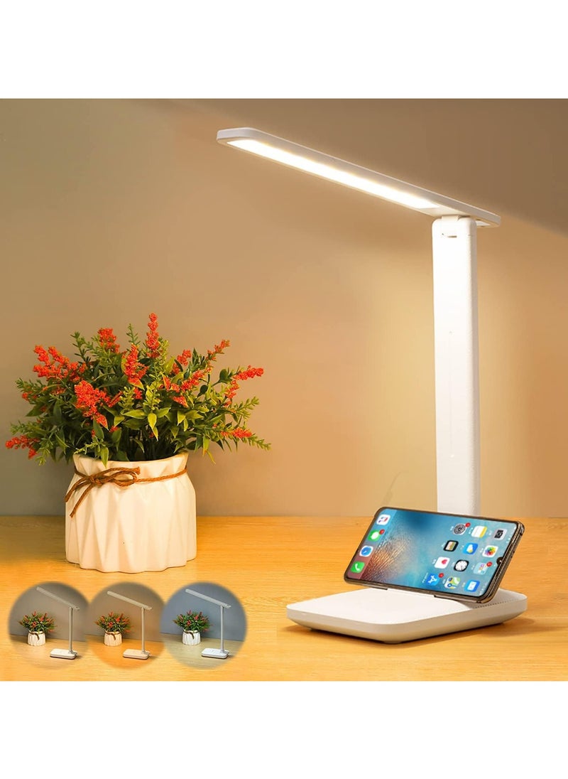 Portable LED Desk Lamp with USB Charging Port Foldable Eye Care with 3 Dimming Modes Multi-Functional Touch Control for Home Office White