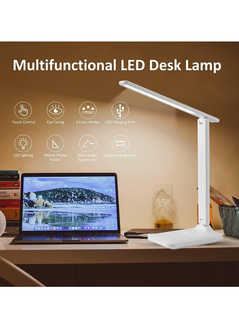 Portable LED Desk Lamp with USB Charging Port Foldable Eye Care with 3 Dimming Modes Multi-Functional Touch Control for Home Office White