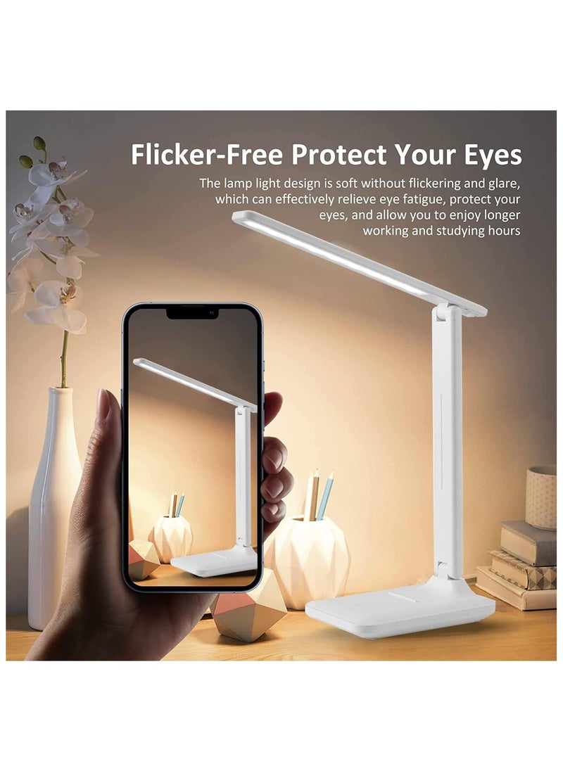 Portable LED Desk Lamp with USB Charging Port Foldable Eye Care with 3 Dimming Modes Multi-Functional Touch Control for Home Office White