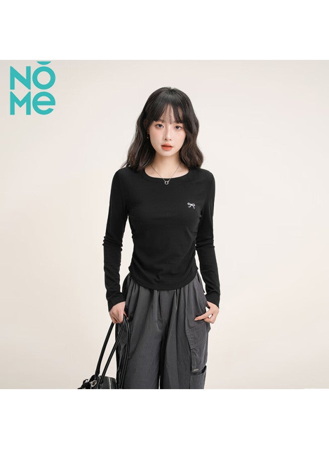 Nome Embroidered Bow Round Neck Long Sleeve T-shirt Women Spring Autumn Waist Pleated Slim Fit Base Layer Heather Gray 2XL - Image 3