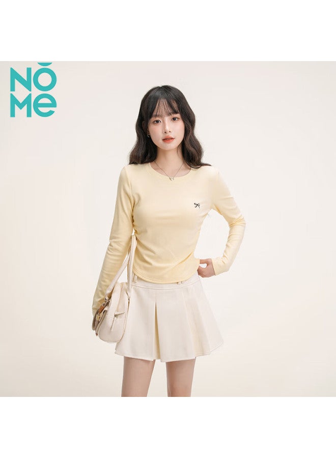 Nome Embroidered Bow Round Neck Long Sleeve T-shirt Women Spring Autumn Waist Pleated Slim Fit Base Layer Heather Gray 2XL - Image 2