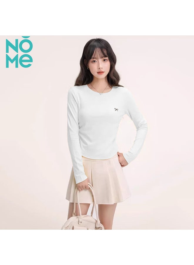 Nome Embroidered Bow Round Neck Long Sleeve T-shirt Women Spring Autumn Waist Pleated Slim Fit Base Layer Heather Gray 2XL - Image 5
