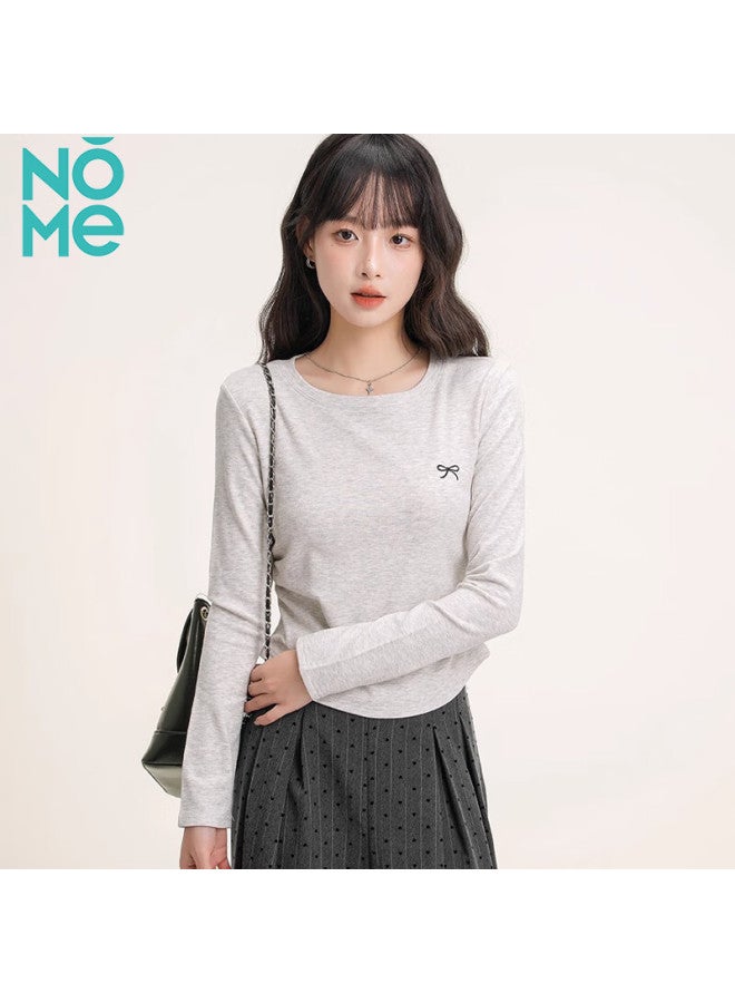 Nome Embroidered Bow Round Neck Long Sleeve T-shirt Women Spring Autumn Waist Pleated Slim Fit Base Layer Heather Gray 2XL - Image 1