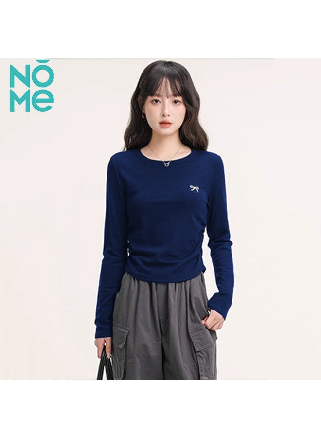Nome Embroidered Bow Round Neck Long Sleeve T-shirt Women Spring Autumn Waist Pleated Slim Fit Base Layer Heather Gray 2XL - Image 4