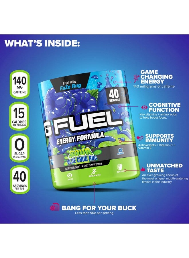 G Fuel Faze Rug، مسحوق الطاقة، خالي من السكر، الكافيين النظيف، مكمل التركيز، مزيج الماء، نكهة التوت الأزرق الحامض مع مزيج الفيتامينات الأمينية + مضادات الأكسدة، 10.44 أونصة (40 وجبة) - Image 5