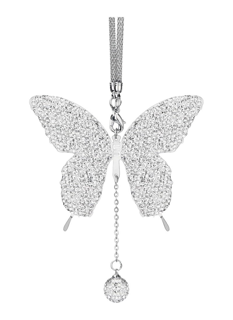 Oasisgalore Silver Butterfly Car Ornament, Rhinestone Charm for Rear View Mirror, Car Interior Accessory for Women  - Image 1