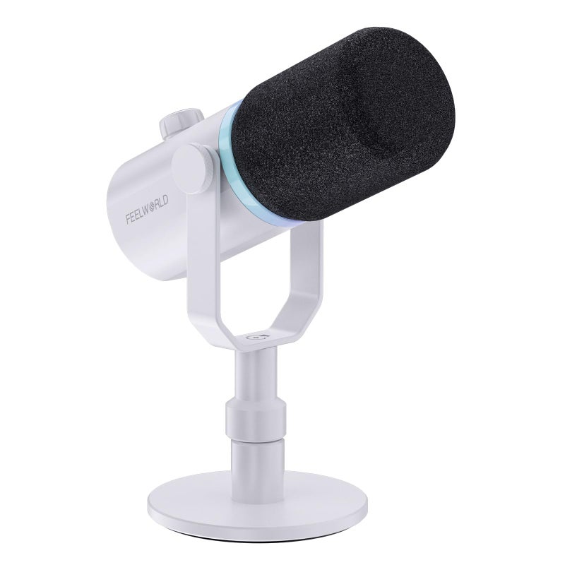 FEELWORLD PM1 XLR USB Dynamic Microphone with Desktop Stand Gifts for Podcast Recording PC Computer Gaming Streaming Vocal VoiceOver Studio Metal Mic RGB Light Mute Button Headphones Jack White - Image 2