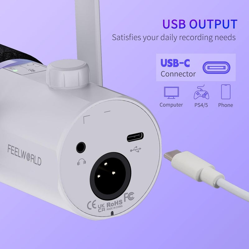 FEELWORLD PM1 XLR USB Dynamic Microphone with Desktop Stand for Podcast Recording, Gaming, and Streaming - White - Image 4