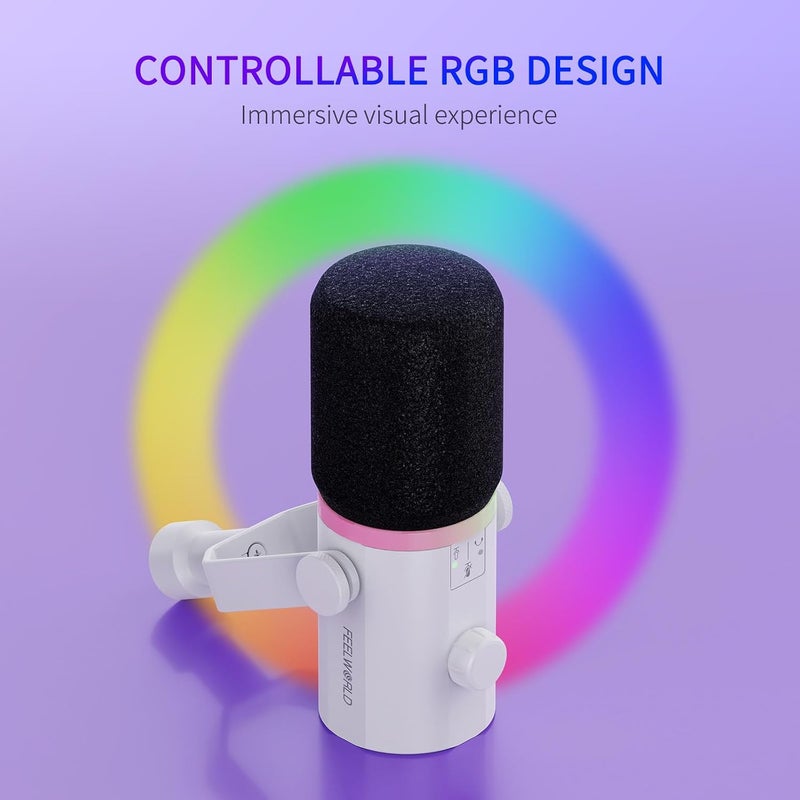 FEELWORLD PM1 XLR USB Dynamic Microphone with Desktop Stand for Podcast Recording, Gaming, and Streaming - White - Image 5