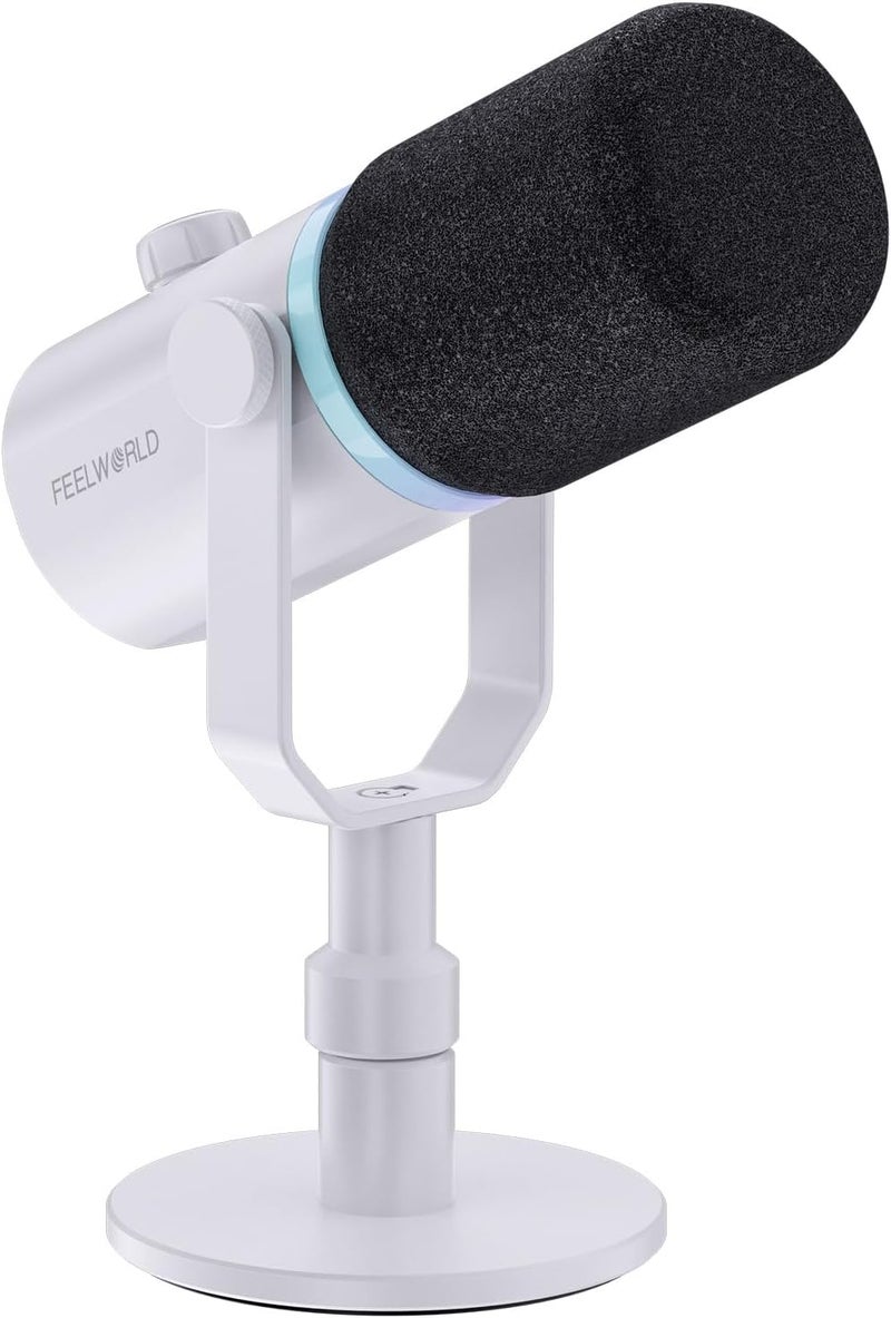 FEELWORLD PM1 XLR USB Dynamic Microphone with Desktop Stand for Podcast Recording, Gaming, and Streaming - White - Image 1