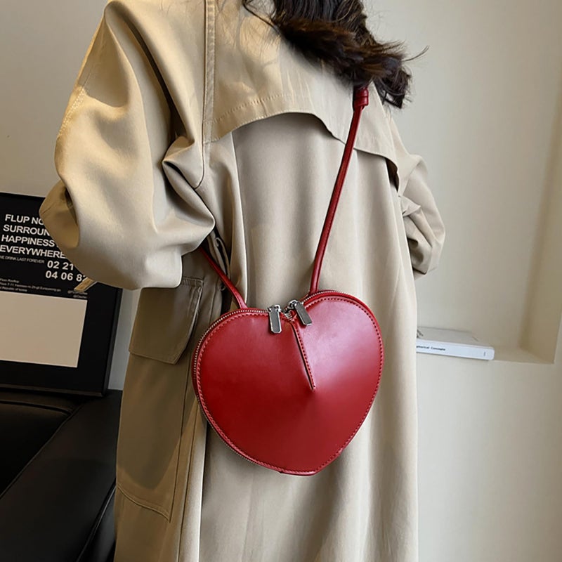 Aisi Women Cute Heart Shaped Shoulder Bag PU Leather Crossbody Purse Small Coin Purse Satchels Handbag, Red - Image 3