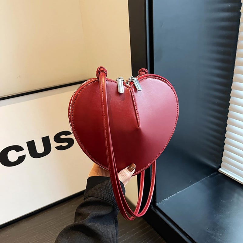 Aisi Women Cute Heart Shaped Shoulder Bag PU Leather Crossbody Purse Small Coin Purse Satchels Handbag, Red - Image 4