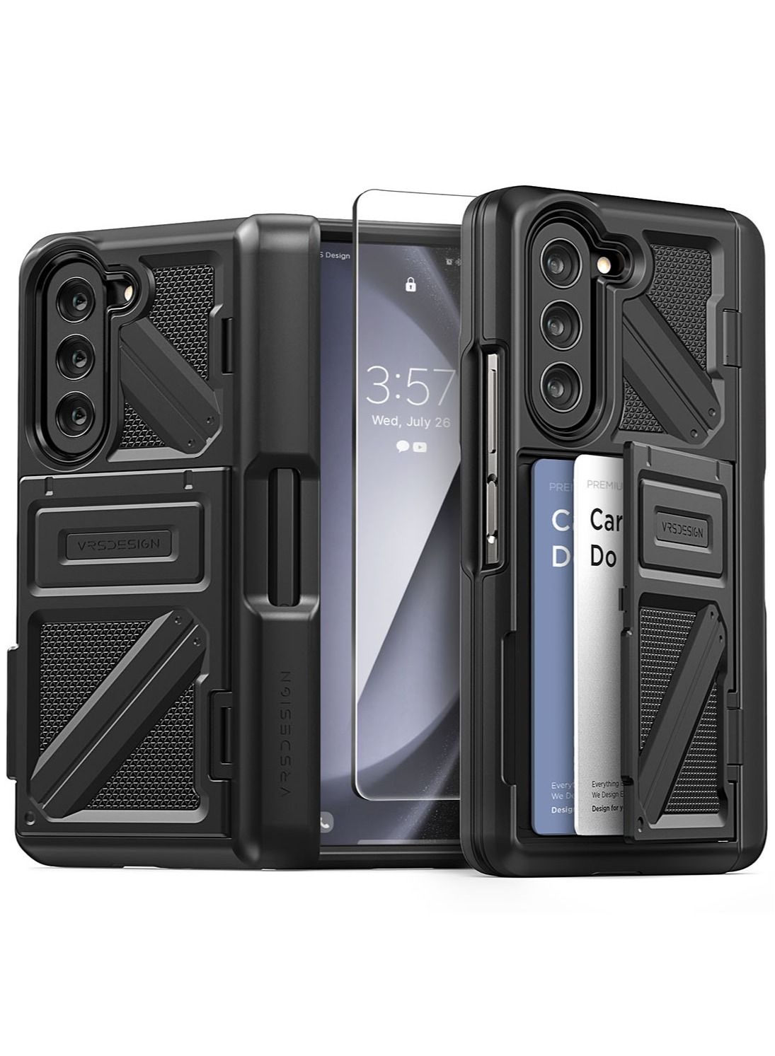 VRS Design Terra Guard Ultimate Go Pen Edition Samsung Galaxy Z Fold 5 Case Cover with [S-Pen Compartment] in Hinge Protection & [2 Card Holder] & Front Screen Protector - Matte Black (S-Pen NOT Inclu