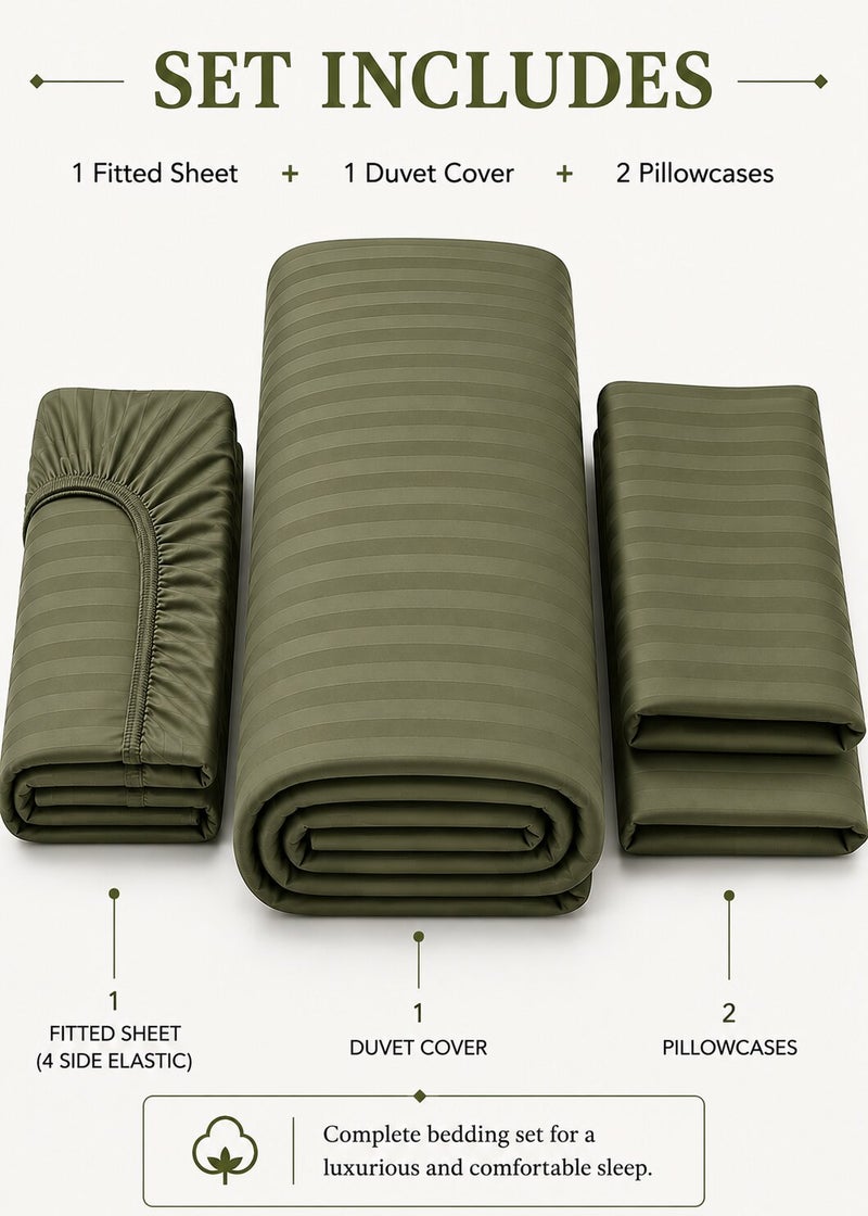 Aristocrat 4-Piece Stripe Microfiber Duvet Cover Set | Queen | Includes 1 Duvet Cover (220x240cm), 1 Deep Pocket Fitted Sheet (180x200+30cm) & 2 Pillowcases (53x75+15cm) | Ultra Soft, Breathable & Wrinkle Resistant | Olive - Image 2