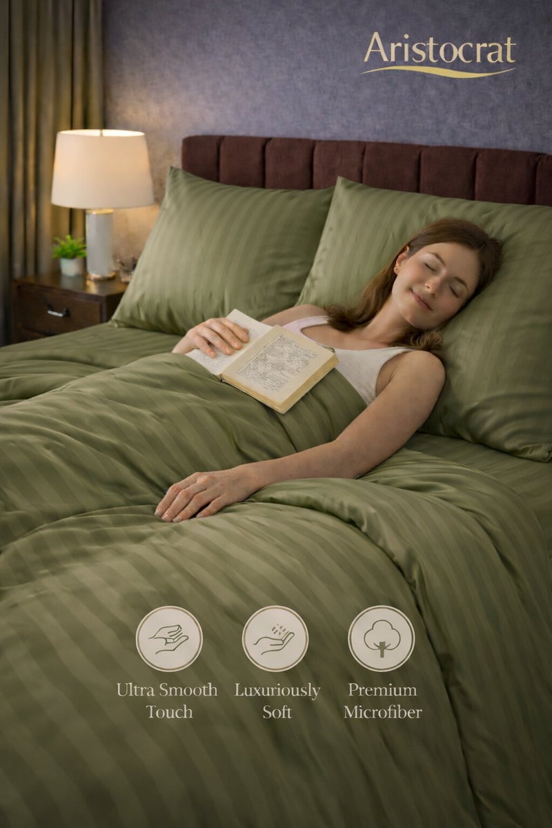 Aristocrat 4-Piece Stripe Microfiber Duvet Cover Set | Queen | Includes 1 Duvet Cover (220x240cm), 1 Deep Pocket Fitted Sheet (180x200+30cm) & 2 Pillowcases (53x75+15cm) | Ultra Soft, Breathable & Wrinkle Resistant | Olive - Image 4