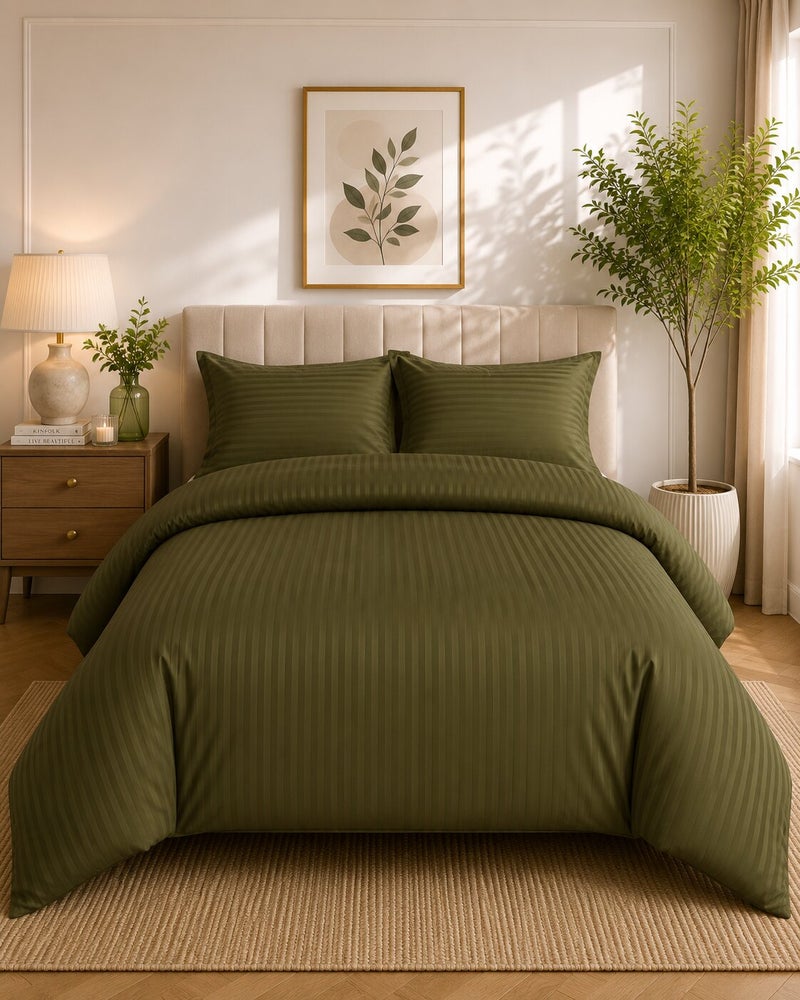 Aristocrat 4-Piece Stripe Microfiber Duvet Cover Set | Queen | Includes 1 Duvet Cover (220x240cm), 1 Deep Pocket Fitted Sheet (180x200+30cm) & 2 Pillowcases (53x75+15cm) | Ultra Soft, Breathable & Wrinkle Resistant | Olive - Image 1
