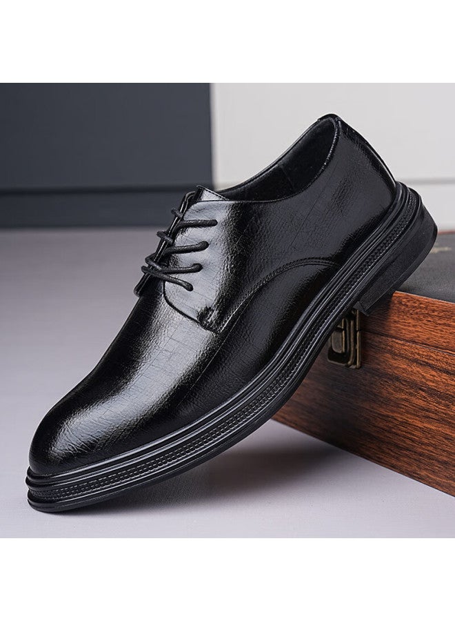 Beioutu Men's Leather Shoes, Business Casual Lace-up Trendy Thick-soled Wear-resistant Formal Shoes Wedding Shoes 12359 Black Size 44 - Image 4