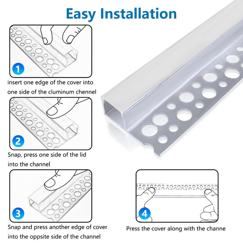 inShareplus Plaster-in LED Channel, 3.3ft/1M 6Pack LED Aluminium Channel with Milky Diffuser, Trimless Recessed Single-Sided Aluminum Profile LED Strip Diffuser for Under Cabinet and Corners of Wall - Image 3