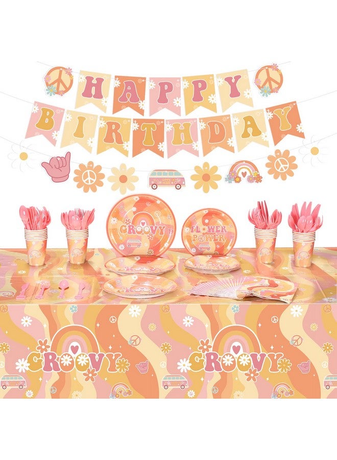 Geyee 173 Pcs Groovy Party Supplies Serves 24, Include Boho Hippie Tablecloth Groovy Birthday Banner Hippie Daisy Paper Plates Napkins Tableware Set for Retro Boho Rainbow Birthday Party Decorations - Image 1