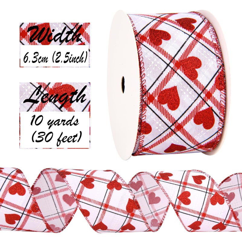 FinBurtip 2.5'' x 10 Yard Valentine's Day Wired Edge Ribbon, White and Red Printed Heart Ribbons Gift Wrapping Ribbon for DIY Craft Wedding Party Wreath Bows Decoration (White Heart) - Image 2