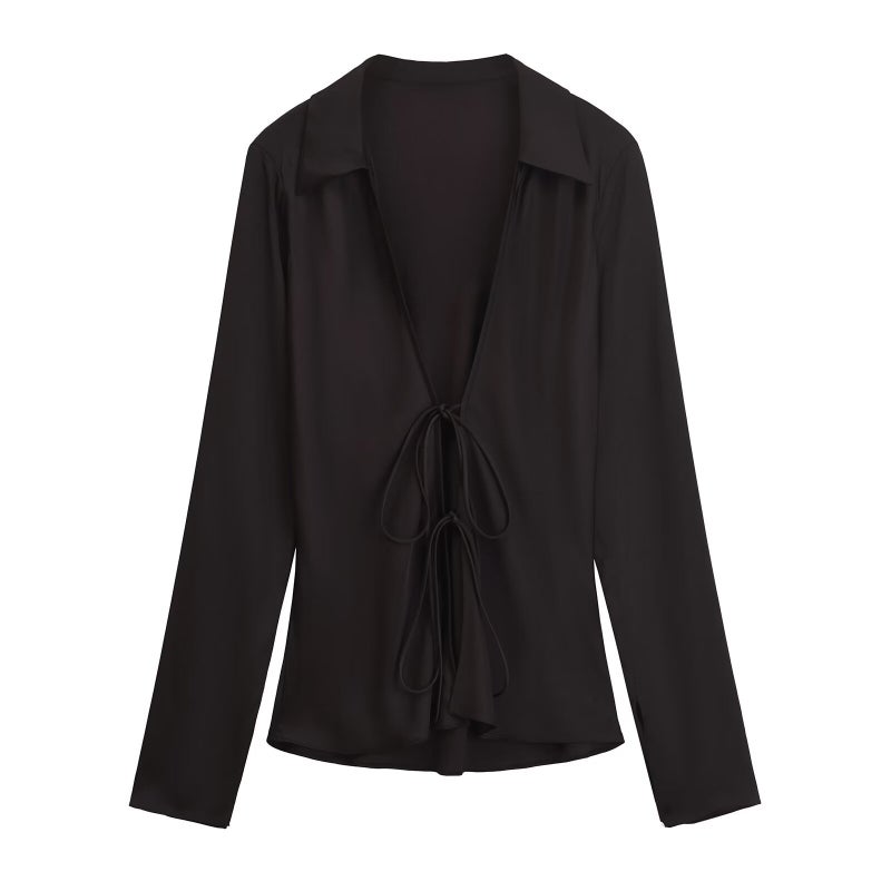 Cross-border new 2024 new European and American style womens clothing foreign trade wholesale ZR in stock bow decoration silk satin texture shirt Milky white - Image 2