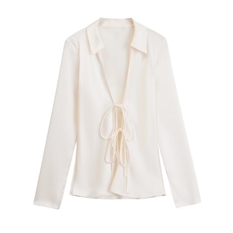 Cross-border new 2024 new European and American style womens clothing foreign trade wholesale ZR in stock bow decoration silk satin texture shirt Milky white - Image 1