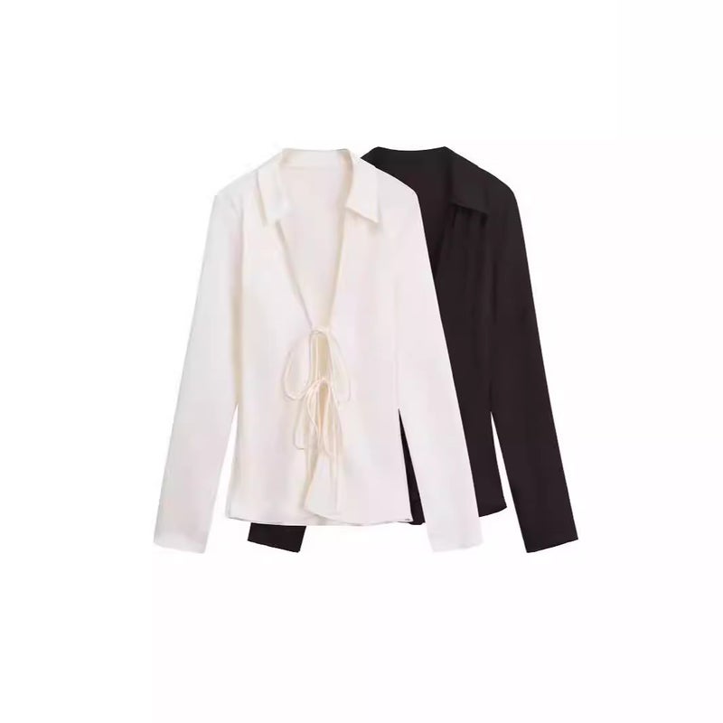 Cross-border new 2024 new European and American style womens clothing foreign trade wholesale ZR in stock bow decoration silk satin texture shirt Milky white - Image 3