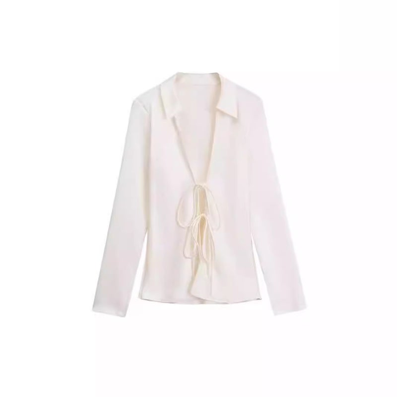 Cross-border new 2024 new European and American style womens clothing foreign trade wholesale ZR in stock bow decoration silk satin texture shirt Milky white - Image 4