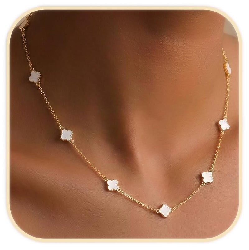 Billet-doux 14K Gold Plated Tiny White Clovers Necklace For Women, Easter Basket Stuffers, Small White and Gold Four Leaf Clovers Cable Chain Necklace, Easter Jewelry Gifts Perfect for Her - Image 1