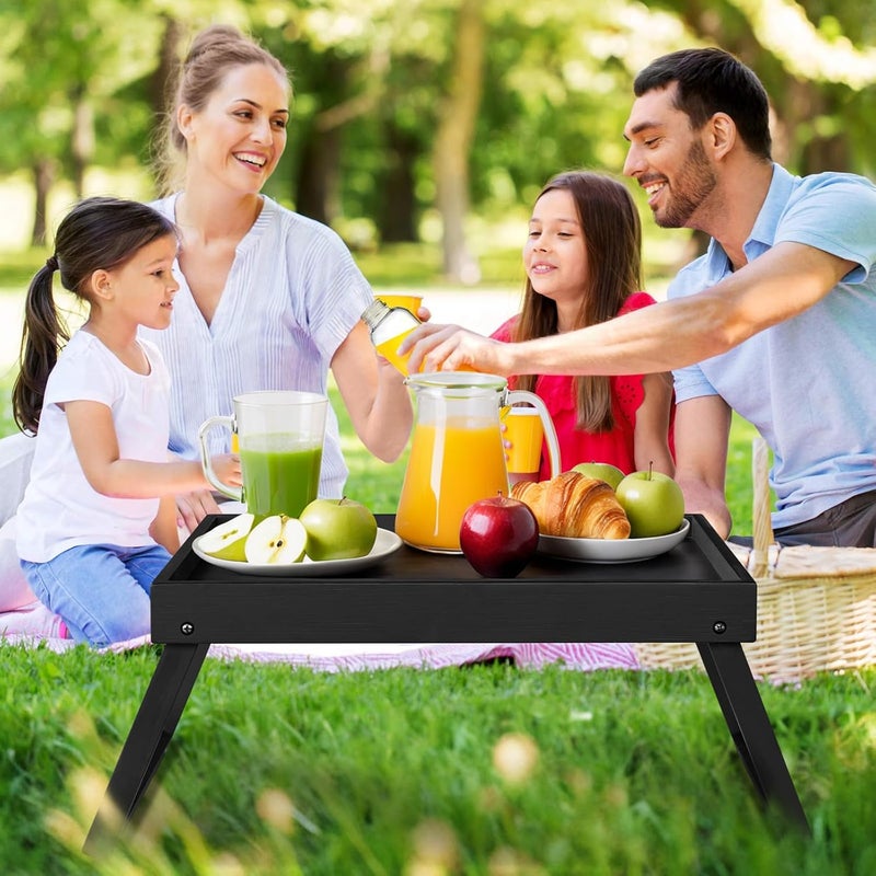 RRX طاولة صينية سرير من الخيزران مع أرجل قابلة للطي لتناول الإفطار في السرير لتناول الطعام تقديم الطعام للكنبة تناول الوجبات الخفيفة أو العمل على اللابتوب العشاء1 أسود - Image 2