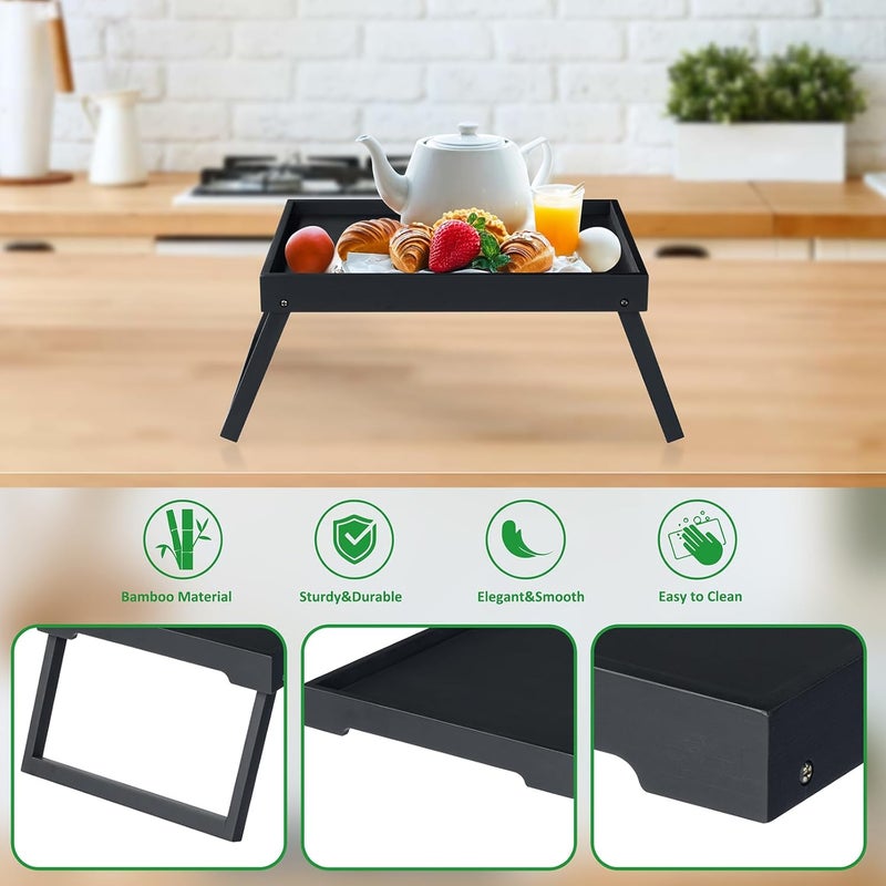 RRX طاولة صينية سرير من الخيزران مع أرجل قابلة للطي لتناول الإفطار في السرير لتناول الطعام تقديم الطعام للكنبة تناول الوجبات الخفيفة أو العمل على اللابتوب العشاء1 أسود - Image 5