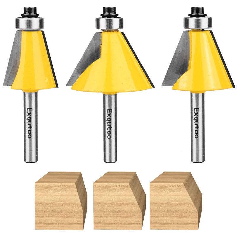Exqutoo 3 Piece Chamfer Router Bit Set Kit  1/4"" Shank  15  22.5  30 Degree Cutting Angle  1"" Cutting Length - Image 1