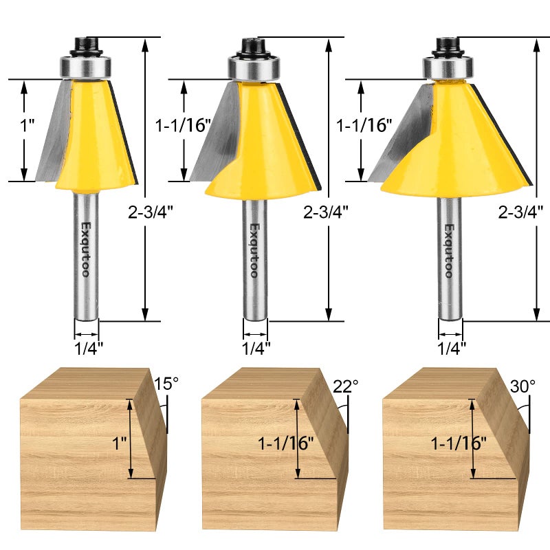 Exqutoo 3 Piece Chamfer Router Bit Set Kit  1/4"" Shank  15  22.5  30 Degree Cutting Angle  1"" Cutting Length - Image 2