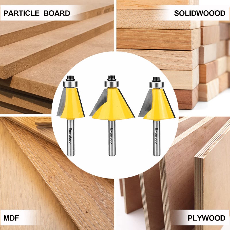 Exqutoo 3 Piece Chamfer Router Bit Set Kit  1/4"" Shank  15  22.5  30 Degree Cutting Angle  1"" Cutting Length - Image 5