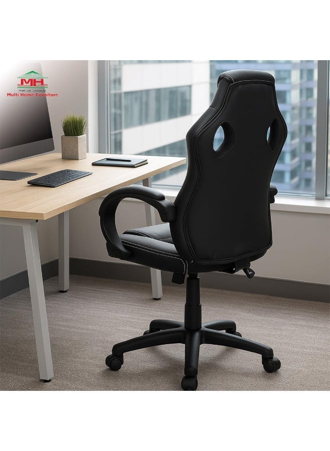 مالتي هوم فيرنيتشر كرسي مكتب منزلي من Multi Home Furniture، مصنوع من جلد البولي يوريثين الأسود - كرسي مريح مع مسند رأس ودعم للظهر، ومساند ذراعين مبطنة ثابتة، وقابل لتعديل الارتفاع، مناسب للألعاب، كرسي دوار للمكتب، كرسي كمبيوتر للاستخدام المنزلي. - Image 2