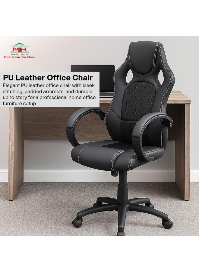 مالتي هوم فيرنيتشر كرسي مكتب منزلي من Multi Home Furniture، مصنوع من جلد البولي يوريثين الأسود - كرسي مريح مع مسند رأس ودعم للظهر، ومساند ذراعين مبطنة ثابتة، وقابل لتعديل الارتفاع، مناسب للألعاب، كرسي دوار للمكتب، كرسي كمبيوتر للاستخدام المنزلي. - Image 4