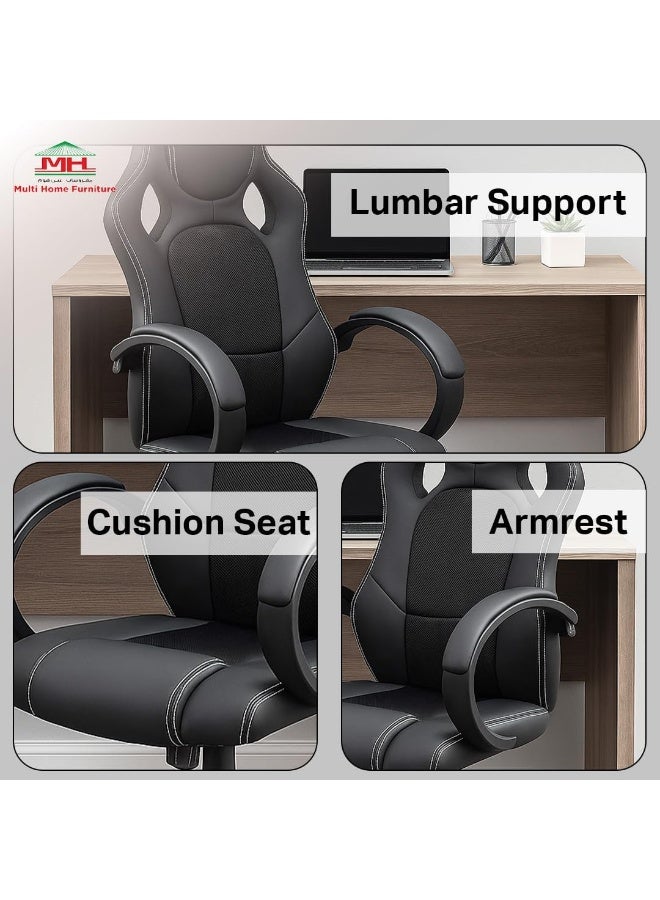مالتي هوم فيرنيتشر كرسي مكتب منزلي من Multi Home Furniture، مصنوع من جلد البولي يوريثين الأسود - كرسي مريح مع مسند رأس ودعم للظهر، ومساند ذراعين مبطنة ثابتة، وقابل لتعديل الارتفاع، مناسب للألعاب، كرسي دوار للمكتب، كرسي كمبيوتر للاستخدام المنزلي. - Image 5