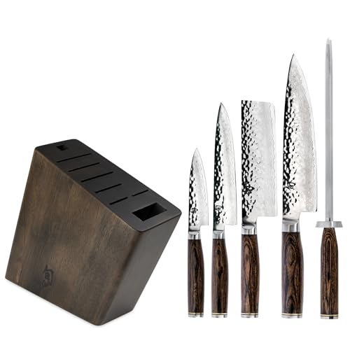Shun Premier 6 Piece Block Set, Includes 8" Chef, 4" Paring, 5.5" Nakiri, 6.5" Utility Knives, Honing Steel & 8-Slot Angled Knife Block, Handcrafted Japanese Knife Set, Pakkawood Handles - Image 1