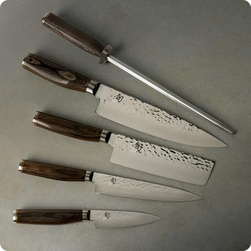 Shun Premier 6 Piece Block Set, Includes 8" Chef, 4" Paring, 5.5" Nakiri, 6.5" Utility Knives, Honing Steel & 8-Slot Angled Knife Block, Handcrafted Japanese Knife Set, Pakkawood Handles - Image 3