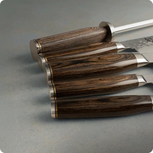 Shun Premier 6 Piece Block Set, Includes 8" Chef, 4" Paring, 5.5" Nakiri, 6.5" Utility Knives, Honing Steel & 8-Slot Angled Knife Block, Handcrafted Japanese Knife Set, Pakkawood Handles - Image 4