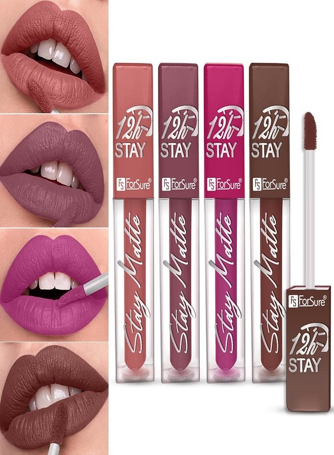ForSure® Non Transfer Waterproof Longlast Liquid Matte Mini Lipstick Pack Of 4 (Haute Plum,Coco Brown,Mauve Ice,Adorable Nude) - Image 1
