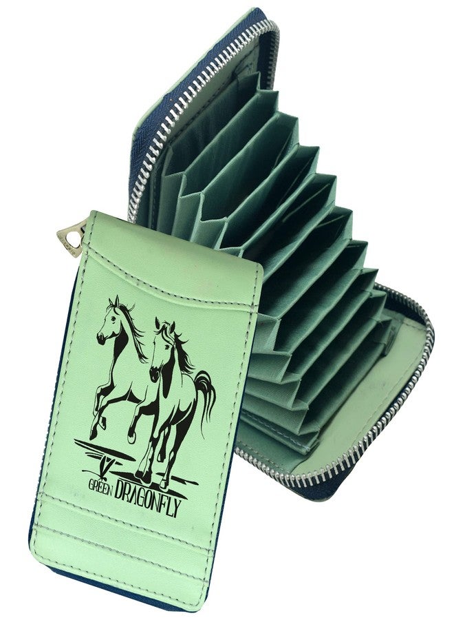 GREEN DRAGONFLY® PU Leather RFID Protected Green Horse Printed Card Organiser/Wallet with Metal Zipper Closure for Men & Women - Image 1