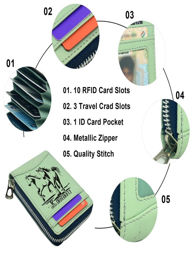 GREEN DRAGONFLY® PU Leather RFID Protected Green Horse Printed Card Organiser/Wallet with Metal Zipper Closure for Men & Women - Image 4