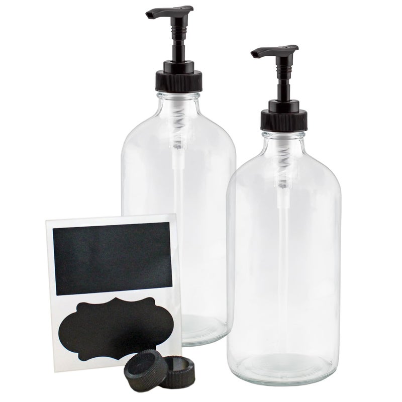 Cornucopia Brands 16-Oz Clear Glass Pump Bottles (2-Pack); Refillable Soap Dispenser Black Lotion Pump Transparent Boston Round Bottles + Chalk Labels & Lids - Image 1