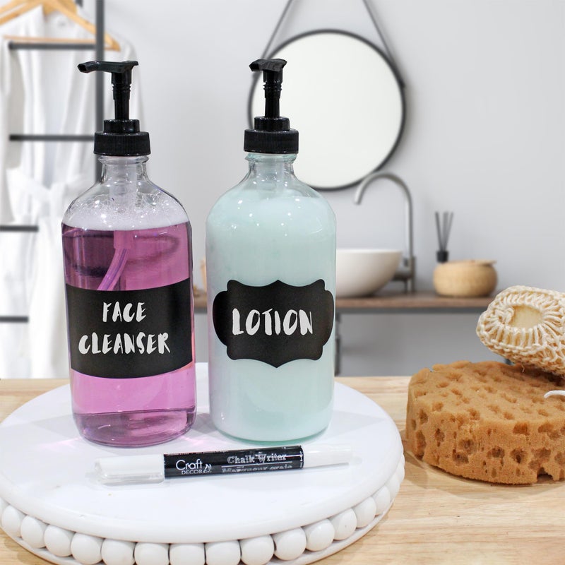 Cornucopia Brands 16-Oz Clear Glass Pump Bottles (2-Pack); Refillable Soap Dispenser Black Lotion Pump Transparent Boston Round Bottles + Chalk Labels & Lids - Image 3