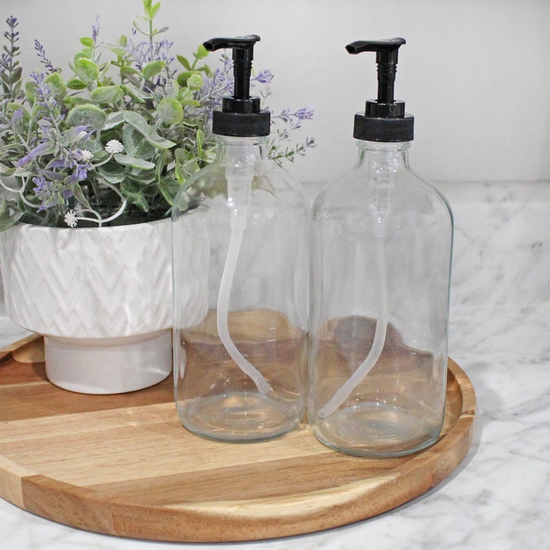 Cornucopia Brands 16-Oz Clear Glass Pump Bottles (2-Pack); Refillable Soap Dispenser Black Lotion Pump Transparent Boston Round Bottles + Chalk Labels & Lids - Image 2
