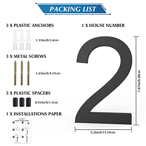 DEWEL 8 inch Floating Large House Numbers for Outside, Black Modern House Address Numbers Decor for 911 Visibility Signage with Nail Kits (House Number 2) - Image 3