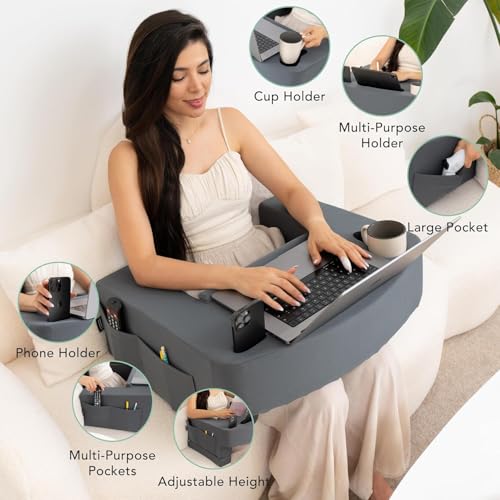 TabCouchCaddy Reading Pillow for Gaming – Extra Large Lap Desk & Arm Rest with Cup & Phone Holder, Adjustable Heights, Laptop Support, Large Pockets – Comfortable for Work, Gaming & Crocheting (Grey) - Image 4