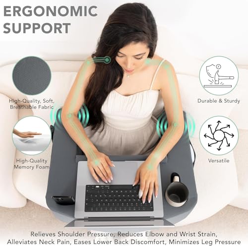 TabCouchCaddy Reading Pillow for Gaming – Extra Large Lap Desk & Arm Rest with Cup & Phone Holder, Adjustable Heights, Laptop Support, Large Pockets – Comfortable for Work, Gaming & Crocheting (Grey) - Image 5